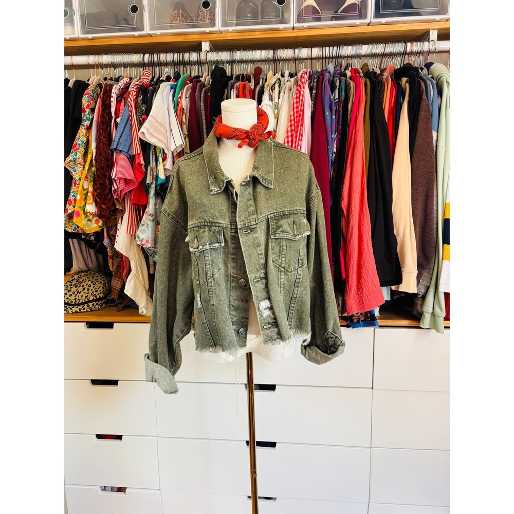 The Vintage Twin IOU Jean Jacket Womens XL Green Distressed 80 90s Denim Trucker